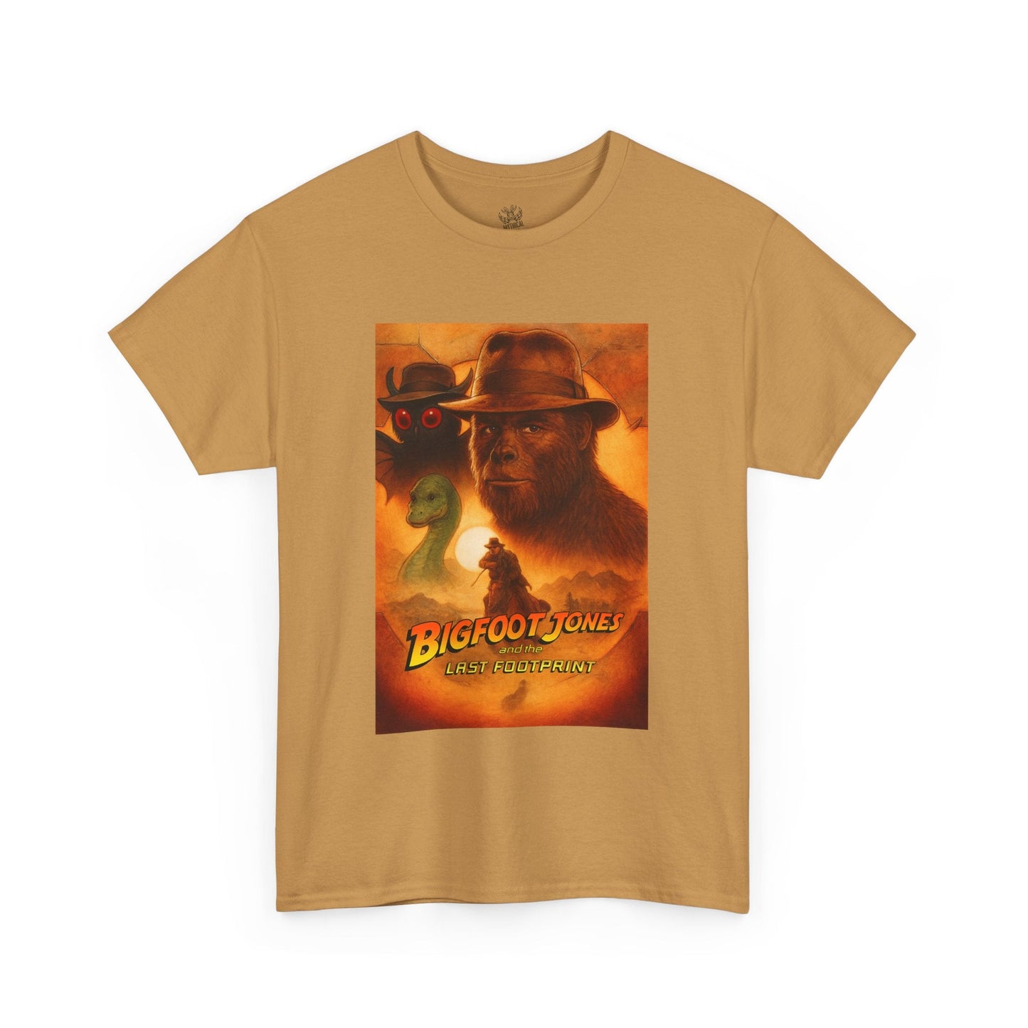 Golden t-shirt with "Bigfoot Jones and the Last Footprint" movie poster design.