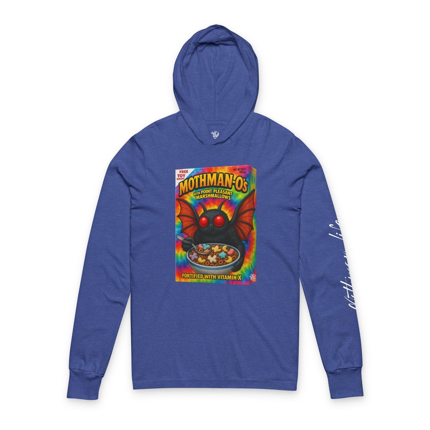 Blue hoodie with "Mothman-O's" cereal box graphic.