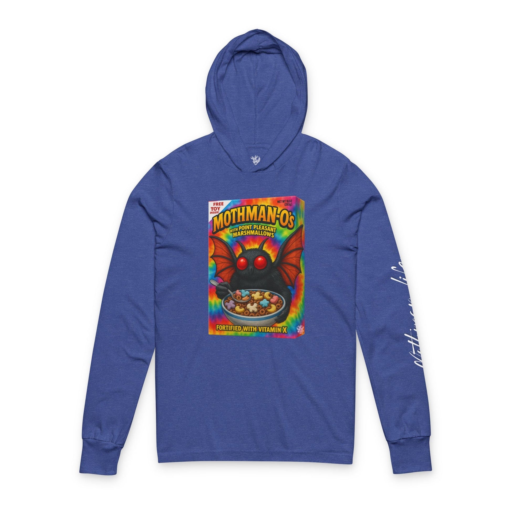 Blue hoodie with "Mothman-O's" cereal box graphic.