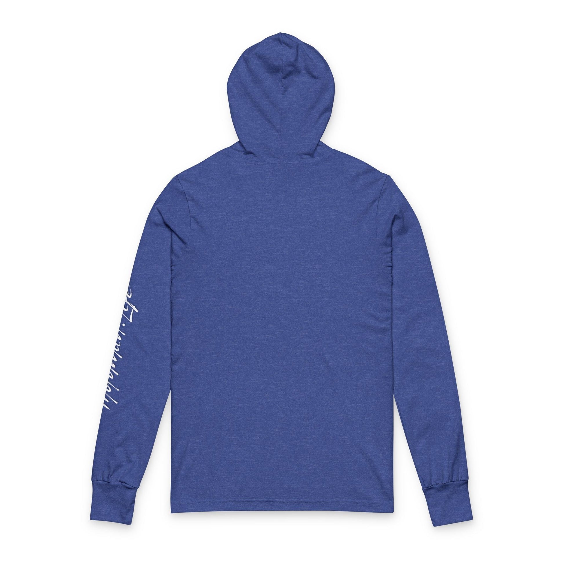 Back view of a heather blue hooded long-sleeved shirt.