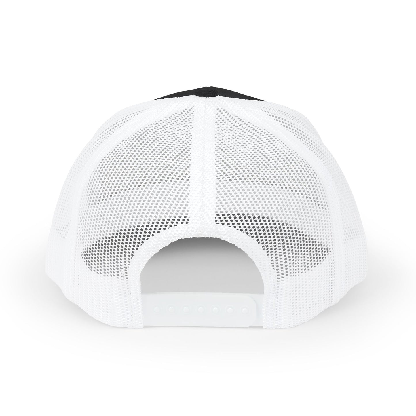 Back of a black and white mesh trucker hat.