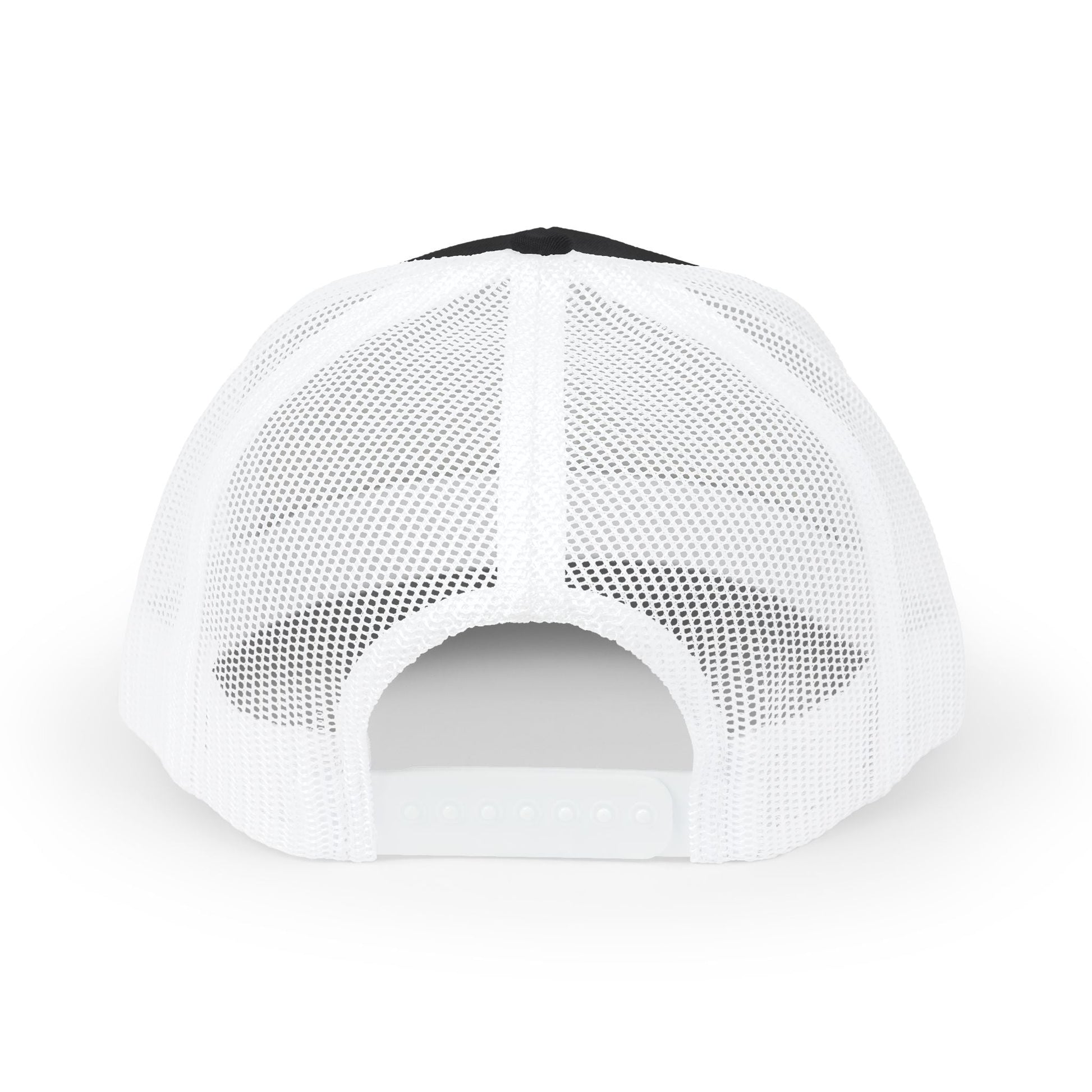 Back of a black and white mesh trucker hat.