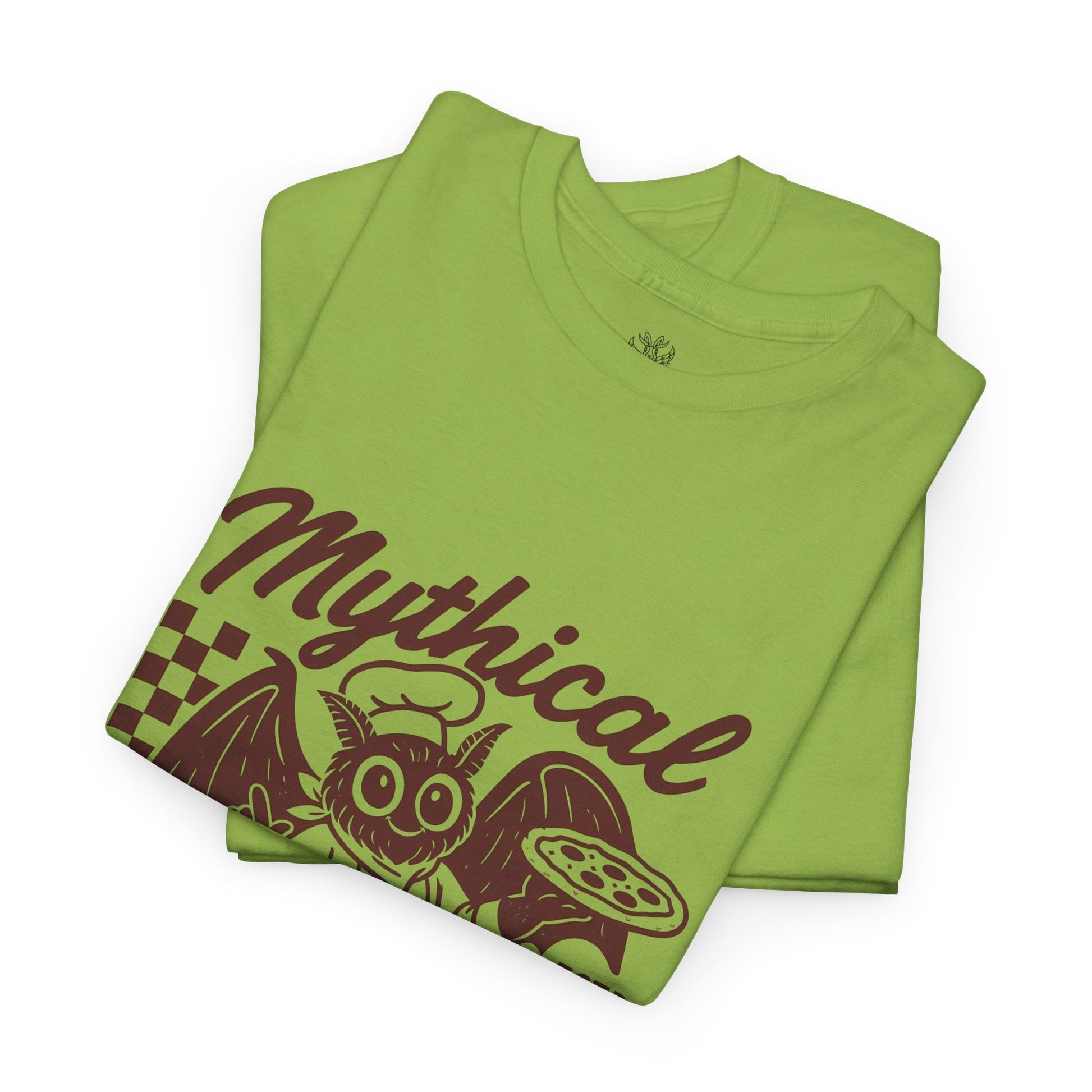 Two folded chartreuse t-shirts, one with a "Mythical" pizza chef design.