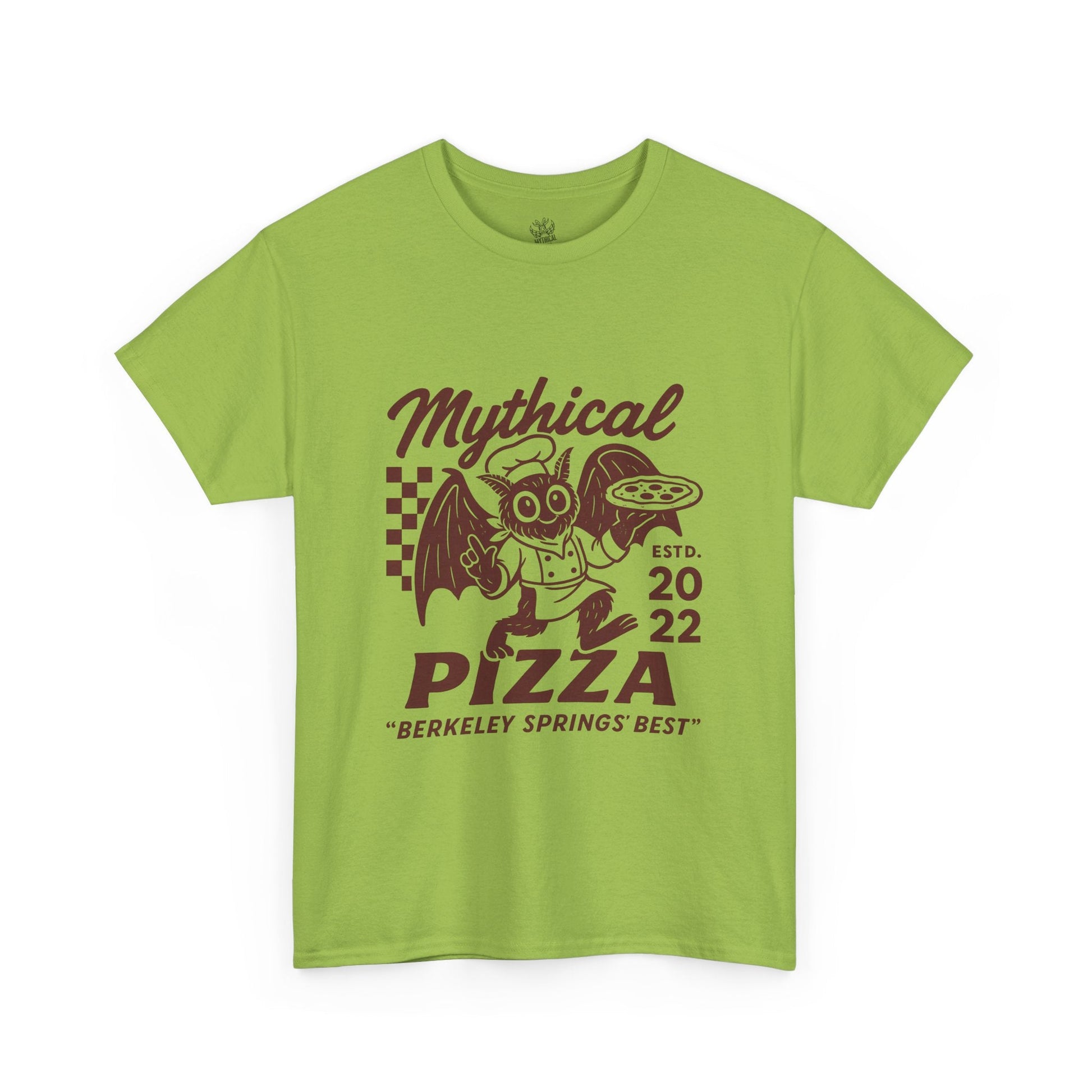 Chartreuse T-shirt with a graphic of a winged monster chef holding pizza, along with "Mythical Pizza" and "Berkeley Springs' Best" text.