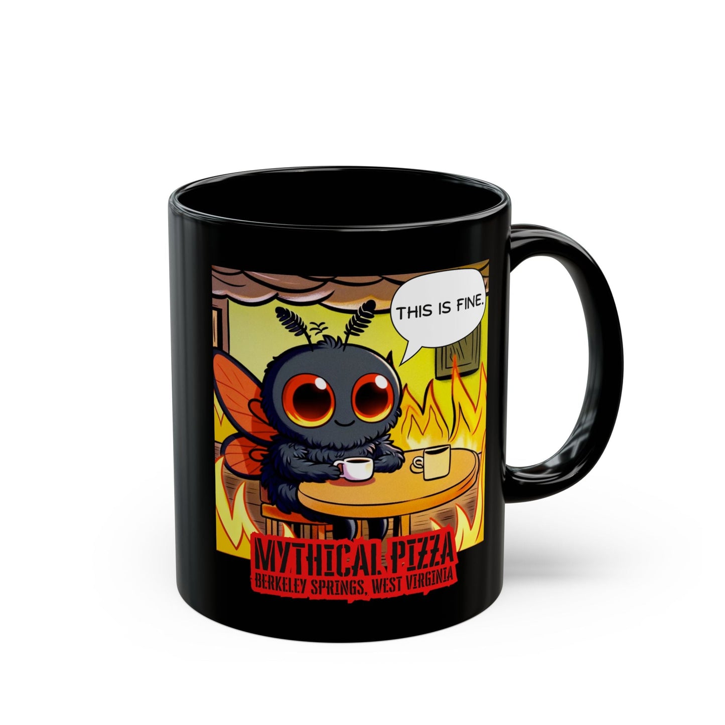 Black mug with a "This is fine" meme cartoon illustration.