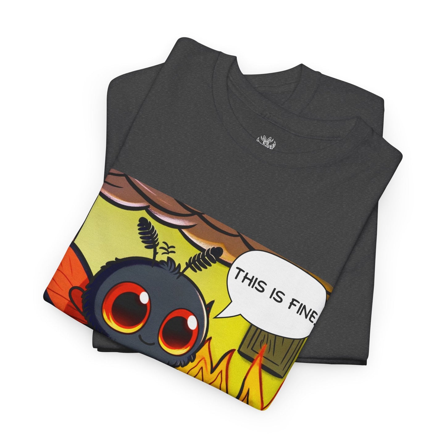Two folded gray t-shirts, one with a cartoon design of a smiling bug in a burning house and the phrase "This is fine."