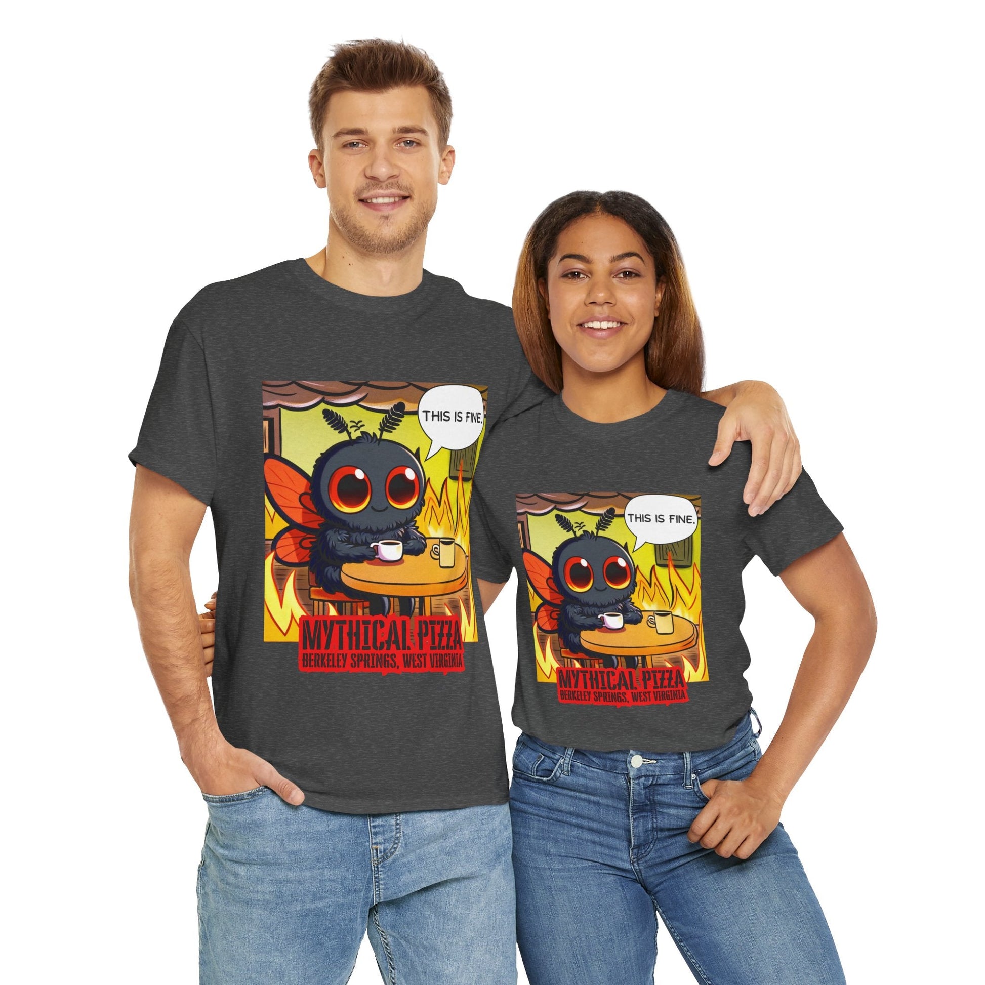 Two models wearing dark gray t-shirts with a cartoon moth design. The models wear jeans and pose with arms around each other. They stand against a plain white background.