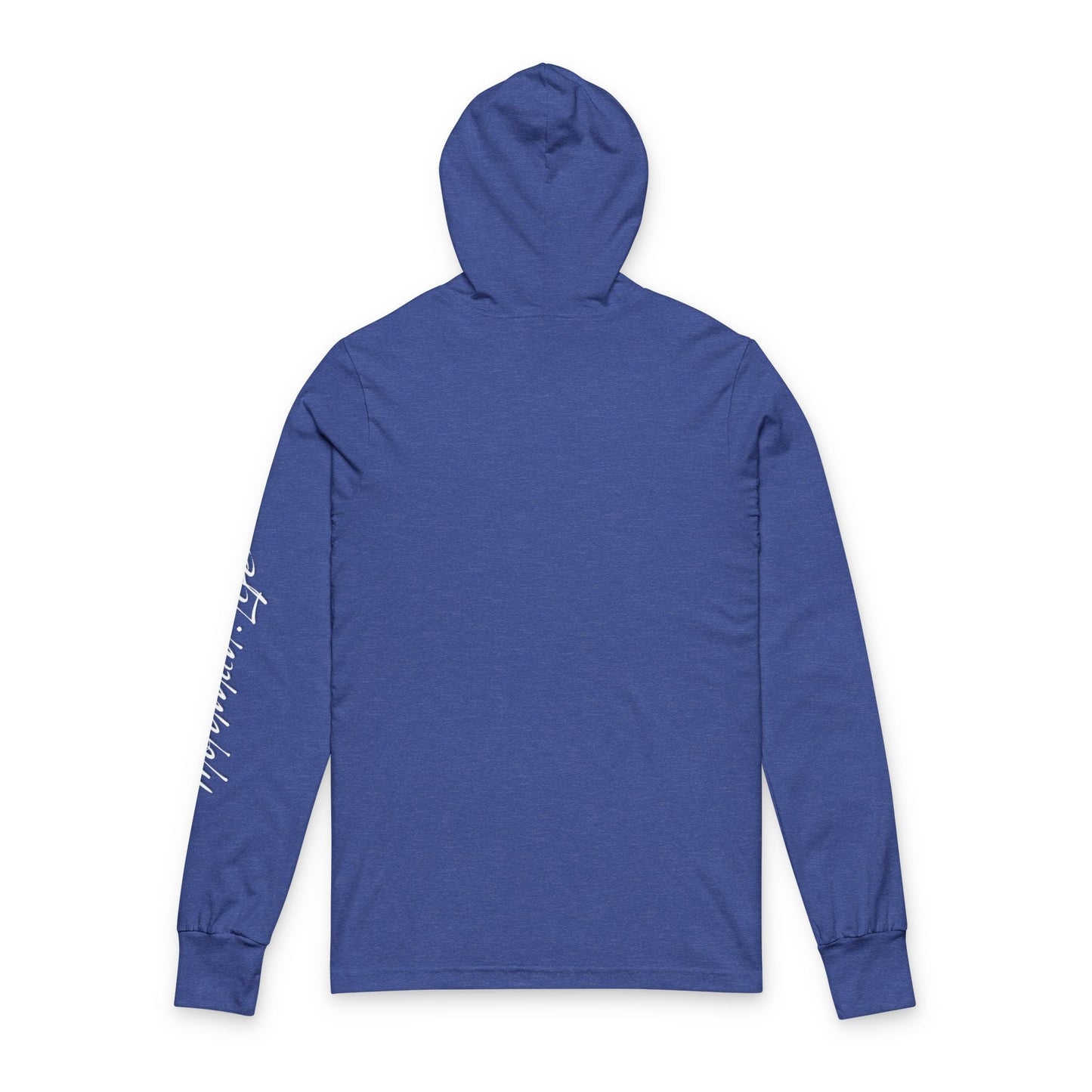 Back view of a heather blue hooded long-sleeved shirt.