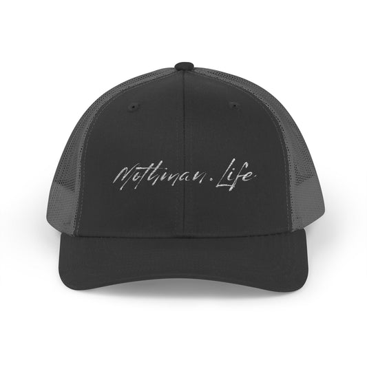 Gray and black mesh cap with white text.