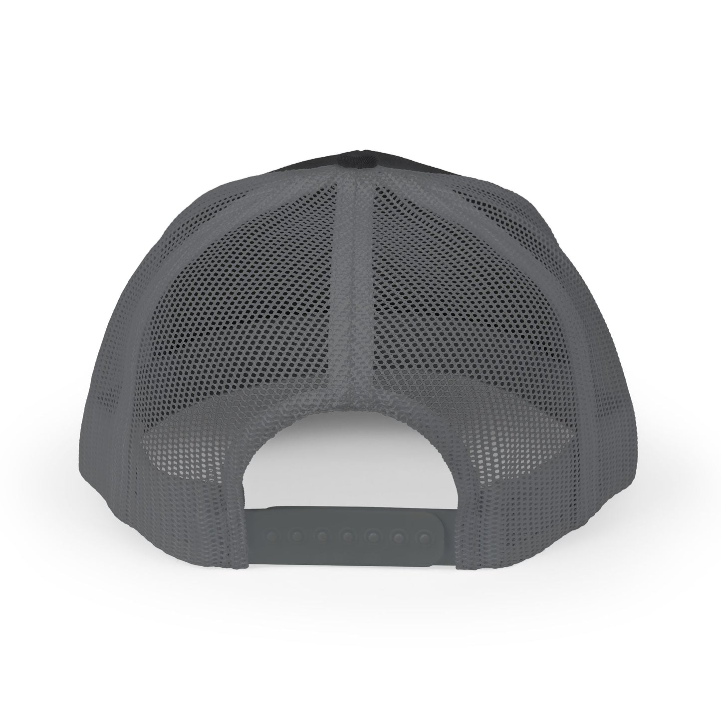 Back of gray mesh trucker hat with black brim and adjustable strap.