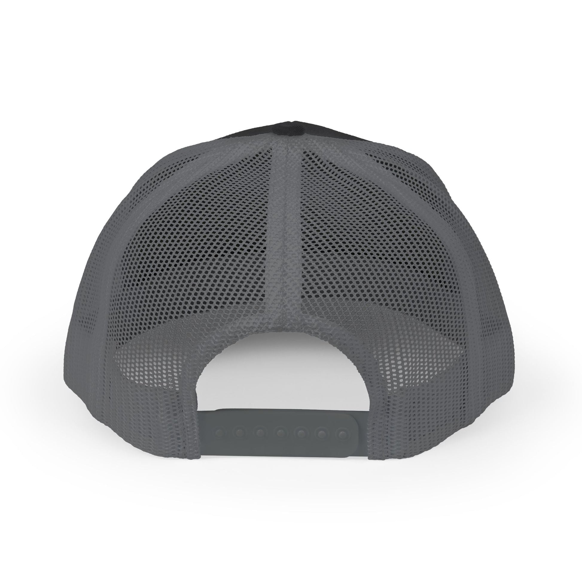 Back of gray mesh trucker hat with black brim and adjustable strap.