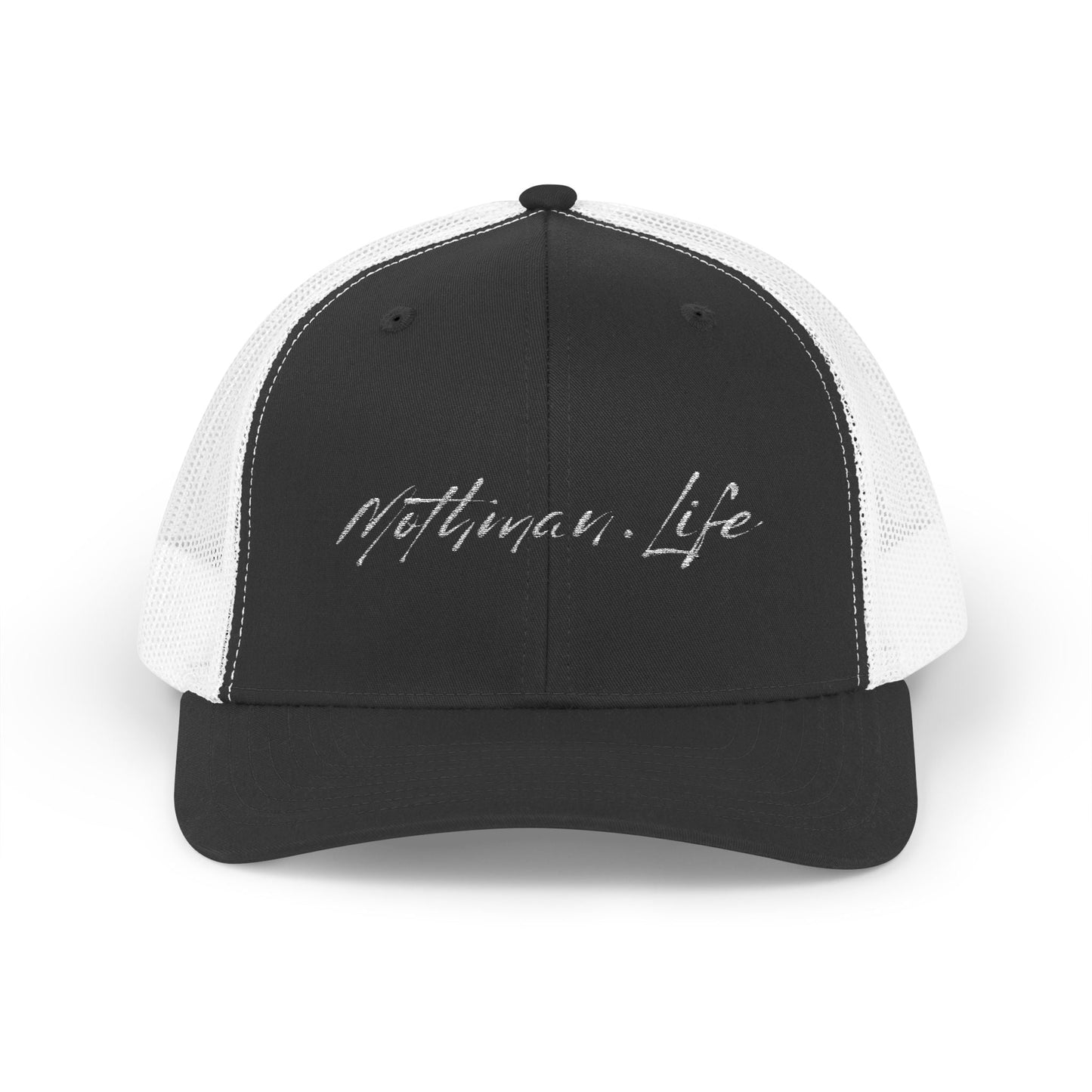 Black and white trucker hat with embroidered text.
