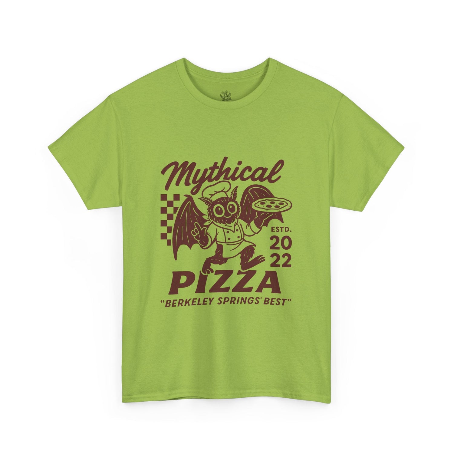 Chartreuse T-shirt with a graphic of a winged monster chef holding pizza, along with "Mythical Pizza" and "Berkeley Springs' Best" text.