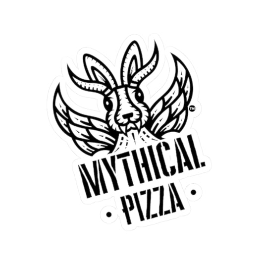 Black and white sticker with cartoon rabbit, wings, and "Mythical Pizza" text.
