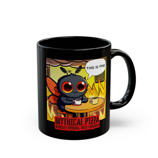 Black mug with a "This is fine" meme cartoon illustration.